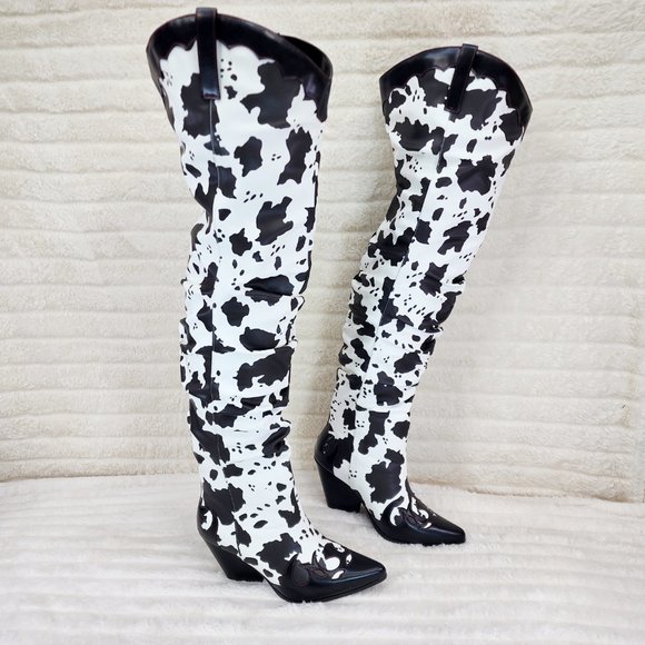 Cape Robbin Shoes - Western White & Black Cow Print OTK Thigh High Slouch Cowboy Boots